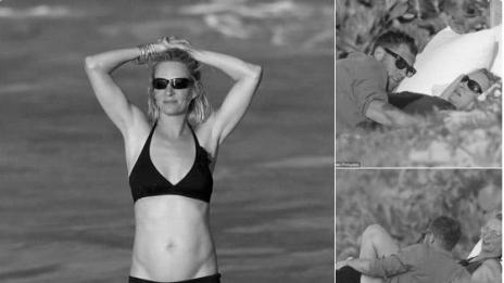 Ума Търман на плажа с непознат млад мъж