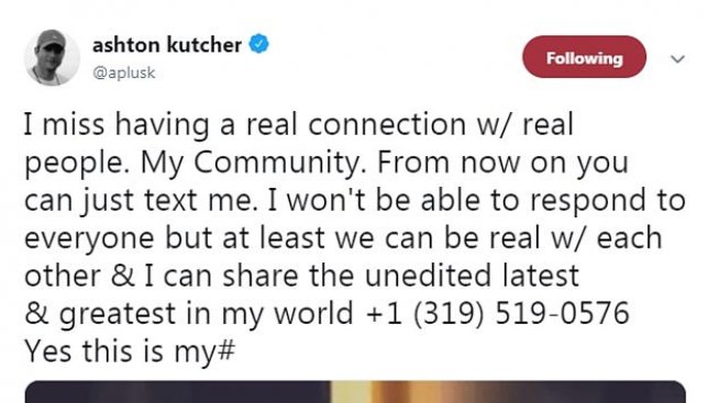 Аштън Къчър го закъса: сподели си телефонния номер в Twitter