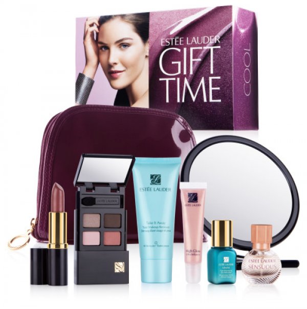 Комплект на Estee Lauder Сенки, червило, гланц за устни, парфюм, серум за стягане на порите и лосион за махане на грим.