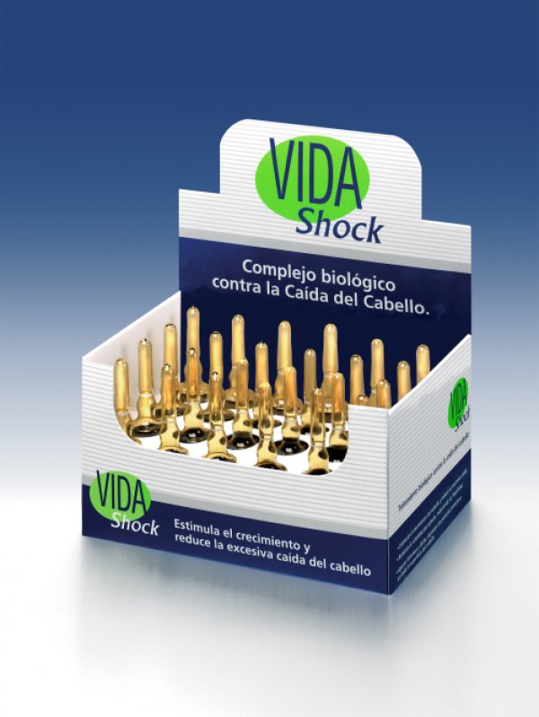 VIDA Shock Ампули – Биологичен трикоген комплекс с активни елементи, които стимулират скалпа, контролират секрецията на мастните жлези и засилва жизнеността на косата. Стимулира растежа и предотвратява косопада. Придава блясък и сила , кат