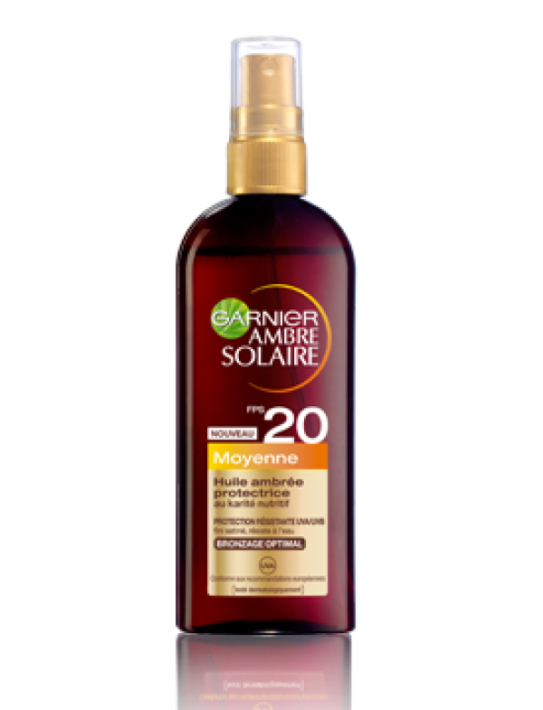 Garnier Ambre Solaire...Иновация в слънцезащитните олия: Garnier Ambre Solaire ви осигурява най-добрата защита и прекрасен бронзов тен.    Формулата му е оптимизирана срещу UVB и UVA лъчи благодарение патентованата филтърна система Mexoryl ® XL.    Обогатено с подхранващо масло от карите за сатенено гладка кожа, златистото олио ви помага да защитите кожата си.    Наситен, приятен аромат на масло от моной.    Лека консистенция, която се нанася лесно под формата на спрей.