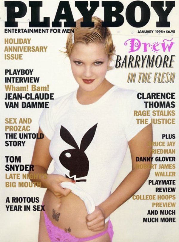 Снимка; PlayboyДрю Баримор се снима за Playboy през януари 1995, вероятно за да покаже, че вече не е малкото момиченце от хита "Извънземното". 