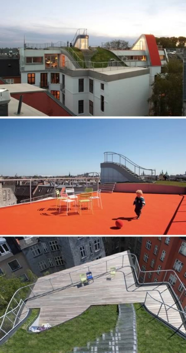 Снимка: www.oddee.comИгрище на покрива (Дания)Датската фирма JDS Architects е проектирала едно невероятно игрище на покрива на сграда в Копенхаген. То е подходящ начин за забавление на родители и деца. А когато искат просто спокойствие, могат да се възхищават на гледката от платформата или да релаксират около барбекюто на открито.  Единственото плашещо нещо е ниската ограда, която не изглежда много безопасна за малките деца, но при условие, че са наблюдавани от родителите нон-стоп, те ще израснат като доста смели хора и с по-голяма приключенска нагласа от средностатисческия човек.