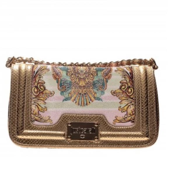 Миничанта с бароков принт и златен кант от кожа Just Cavalli от totallyerectedstore.com, 487 лв.