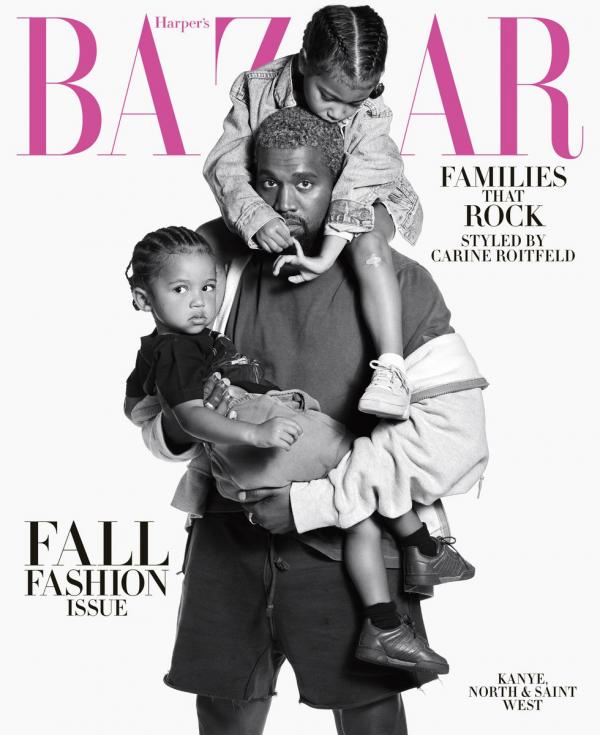 Кание Уест с дъщеря си Норт и сина си Сейнт; Снимка: Harper's BAZAAR 
