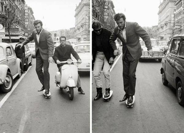Клинт Истууд кара скейтборд в Рим, 1965 г. Снимка: Faccebook