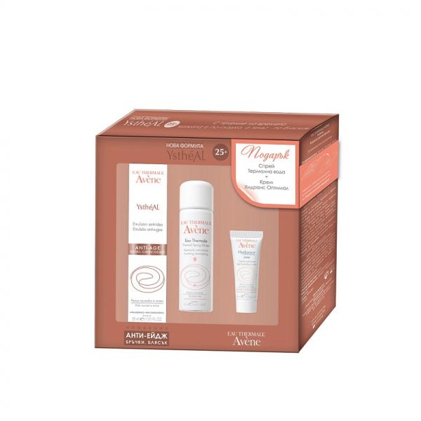 Коледен комплект Ystheal 25+ - антиейдж крем Ystheal 30 ml, лек крем Hydrance Optimale 15 ml, спрей термална вода 50 ml (Avene, 50.90 лв.)