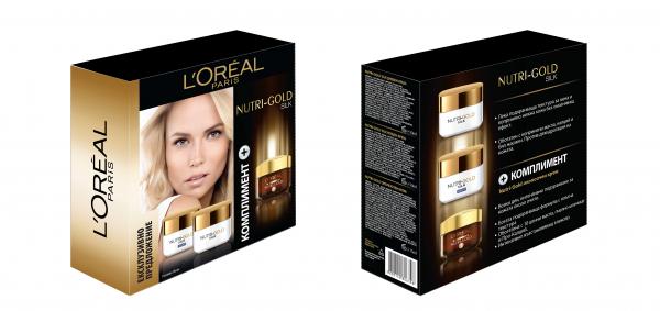 Коледен комплект Dermo Nutri Gold – дневен и нощен крем Nutri-Gold Silk, околочен крем Nutri-Gold (Lóreal, 38.37 лв.)