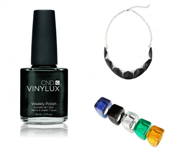 Лак Overtly Onyx (CND, 20 лв.), колие 3suisses.bg, 55.90 лв.; пръстени от цветена пластмаса H&M, 9.90 лв. за брой