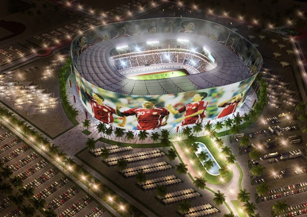 Стадионът Al-Rayyan Stadium в  Al-Rayyan. След основният ремонт той ще побира  44 740 души, а хиляди прожектори ще образуват светеща стена във външната му чат, на която ще се прожектират реклами и моменти от мача.Снимка: Qatar 2022 Bid Committee