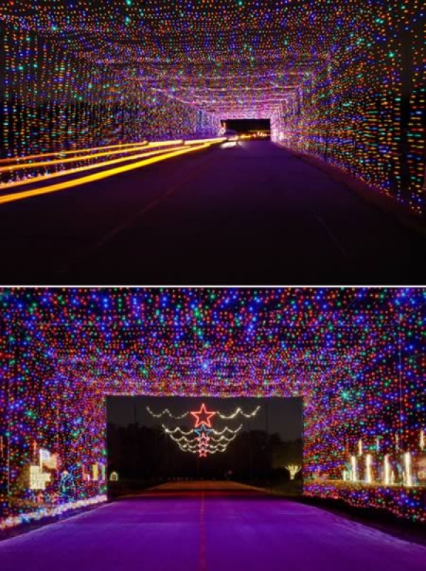 Снимка: prairielights.orgТози тунел е изграден от над 4 милиона светлинки, обрамчили алеите на Лин Крийк парк в Тексас.Това е всъщност и най-дългият светлинен тунел в света.