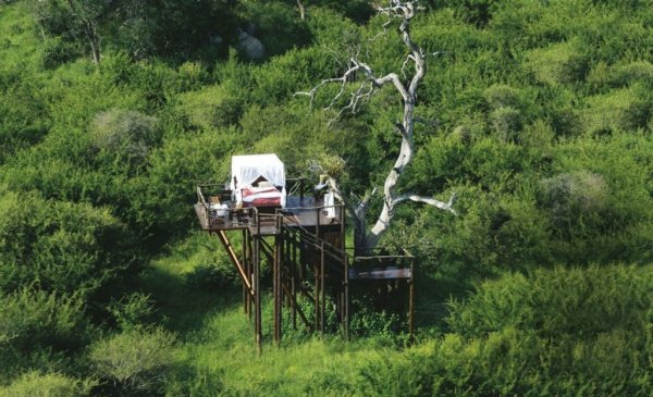 Lion Sands Private Game Reserve (Резерват 'Саби Сенд Гейм", Република Южна Африка)Гай Обри Чалкли, който е основал "Лайън Сендс" (Пясъците на лъва) през 1933 год., е казвал на дъщеря си, която е обичала да спи на открито, „Никога не се страхувай от рева на лъвовете, защото когато се плашиш трябва да си най-нащрек”. През последните 70 години тази колибка на дърво, построена за фотографска наблюдателница е била подсилена и додекорирана с уютно двойно легло, топла вода, дрехи и умивалник. Гостите остават сами от мига, в който ги докарат, оборудвани с фенери, репелент против комари, факли и радио предавател, до сутринта.Тази част на Южна Африка, граничеща с националния парк Крюгер, е пълна с шумни нощни хищници: почти сигурно ще чуете рева на лъв, защитаващ територията си, хиени и чакали. На изгрев и залез компания ще са ви хилядите птици,можете да видите и семейство слонове, а ако въздухът случайни утихне, ще можете да чуете ромона на река Саби, която тече през саваната на около километър от къщичката на дърво. Нощувката в самото сърце на африканската природа би ви струвала $254.Снимка: Lion Sands Private Game Reserve