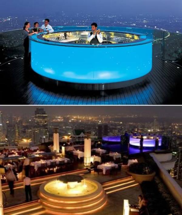 Снимка: http://www.oddee.comБар на покрива (Тайланд)Зашеметяващият Sky bar, намиращ се в Сироко ( Sirocco) може да ви накара да усетите минутите прекарани там като безкрайност. Докосващ небето на 63-тия етаж на The Dome (Куполът) на State Tower, той е един от най-високите барове в света. Предлага панорамна гледка на Банкок, както и селекция от най-добрите напитки и апетайзери в града.