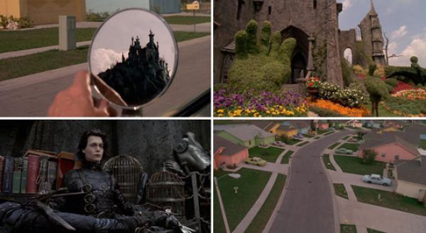 Снимка: аpartmenttherapy.com „Едуард Ножиците” (Edward Scissorhands – 1990) Приказка, която е последователно смешна, тъмна, трогателна и изпълнена с копнеж, „Едуард Ножиците” е дело на Тим Бъртън. Цветовете и формите играят значителна роля в този фантастичен филм, в който жилищата са облечени в избелели пастели, а самотата участва като тъмен готически замък.