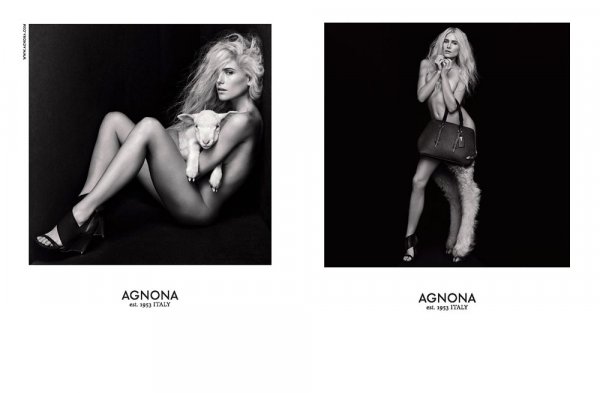 2. Agnona Spring/Summer 2014 С участието на Дри Хемингуей, фотографи – студио Inez and VinoodhСамо два сезона в модната къща, която е с 60-годишна история, но бившият креативен директор на Yves Saint Laurent Стефано Пилати внесе нова енергия в облика ѝ. Дизайнерът запазва характерната за марката елегантност, но я представя с нестандартен похват, използвайки невинната голота и младост, както на Дри Хемингуей, така и на малкото агне, което е сгушено в прегръдките ѝ. Изборът на черно-белите цветове показва, че дрехите най-добре се усещан върху собственото тяло.Снимка: Agnona