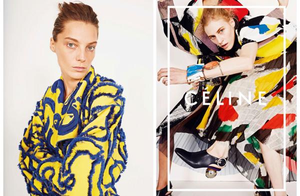 5. Celine Spring/Summer 2014С участието на Джулия Нобис, Даря Вербови, фотограф е Юрген ТелърВъпреки че Фиби Фийло изненада мнозина с колекцията пролет-лято 2014, белязана от ярки цветове и едри принтове, сега тя връща живот на марката,след известен период на минимализъм в стила, който беше доста продуктивен. Калейдоскопични палитри с динамика в излъчването – сякаш с един замах са нарисувани принтовете, което показва смелост и различен поглед. Драстичната промяна е съвсем умело поднесена, без да отблъсква почитателите на характерния за Celine стил.Снимка: Celine