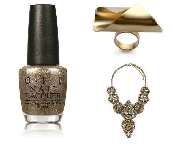 Лак All Sparklyand Gold Mariah (O.P.I., 20 лв.), пръстен Noritamy от Totally Erected Store, 299.лв.; колие от златисти бродерии и метал Zara, 55.95 лв.