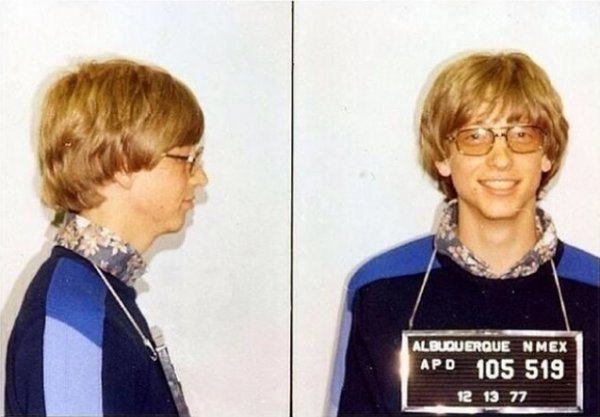 Бил Гейтс, когато бил арестуван през 1977 г. за превишена скорост. Снимка: Instagram