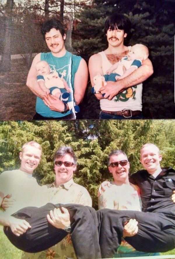 Близнаци прегърнали близнаци - през 1987 г. и 2017 г. Снимка: reddit.com